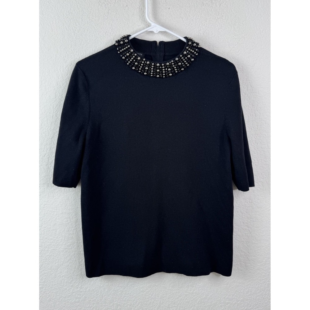 Talbots Beaded Neckline Top Sweater Black Women's L Short Sleeve‎ Stretch Preppy